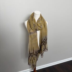 Silk Scarf Floral Aztec Ethnic Print Boho Bohemian Lightweight Yellow Taupe